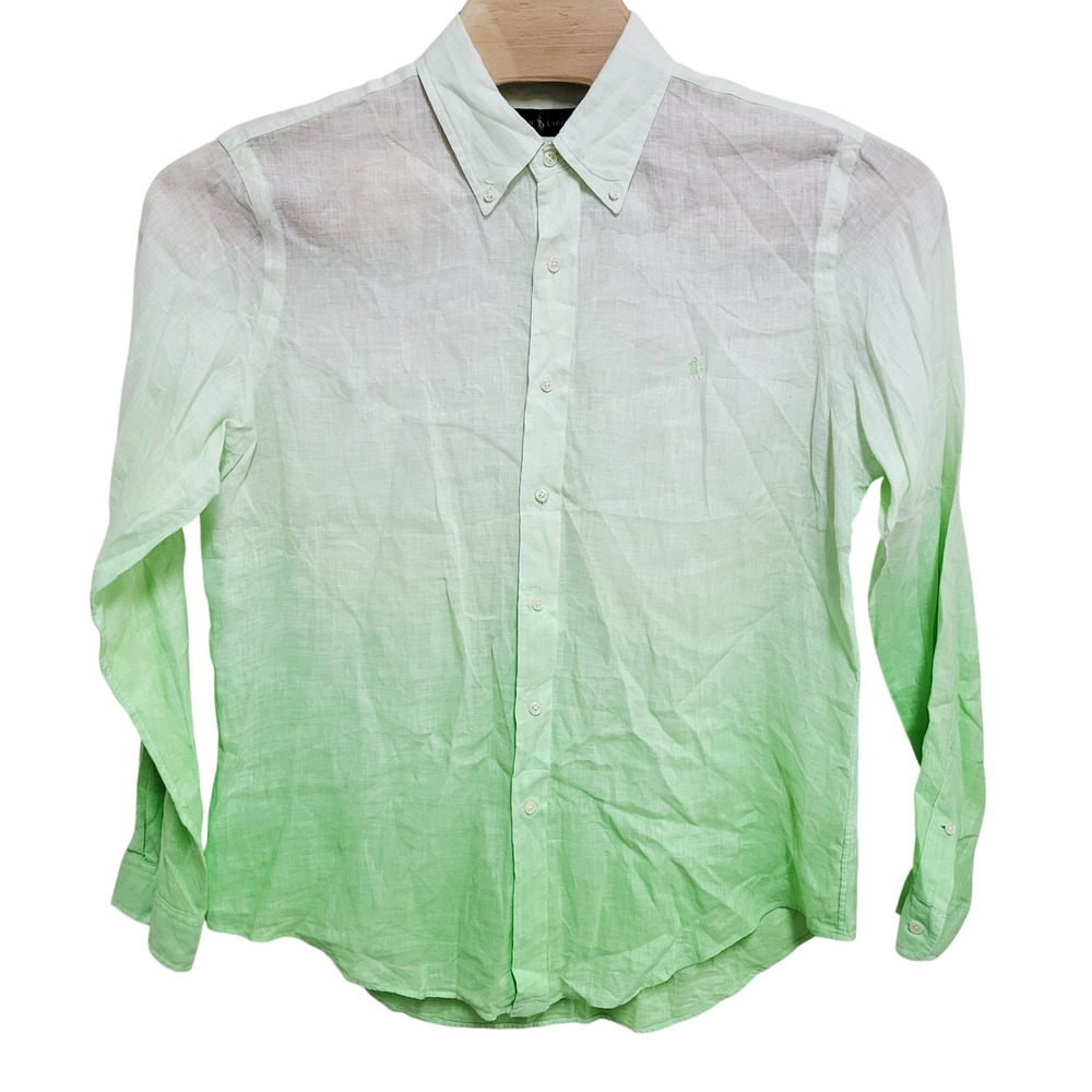 Ralph Lauren Mens Large Linen Ombre Dip Dye Button Down Shirt Lime Green White